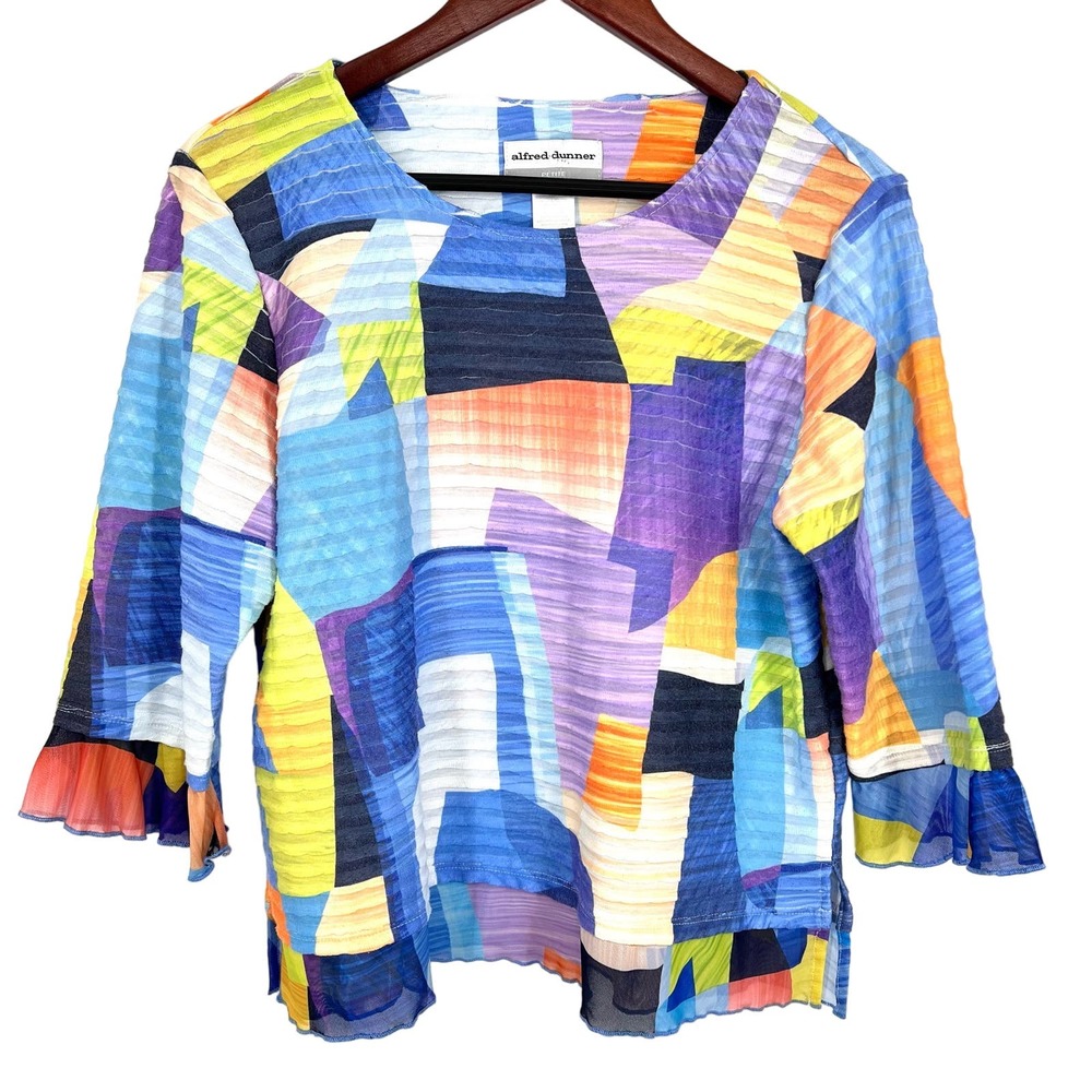 Alfred Dunner PM Petite Medium 3/4 Sleeve Blue Yellow Blouse Shirt Top Artsy